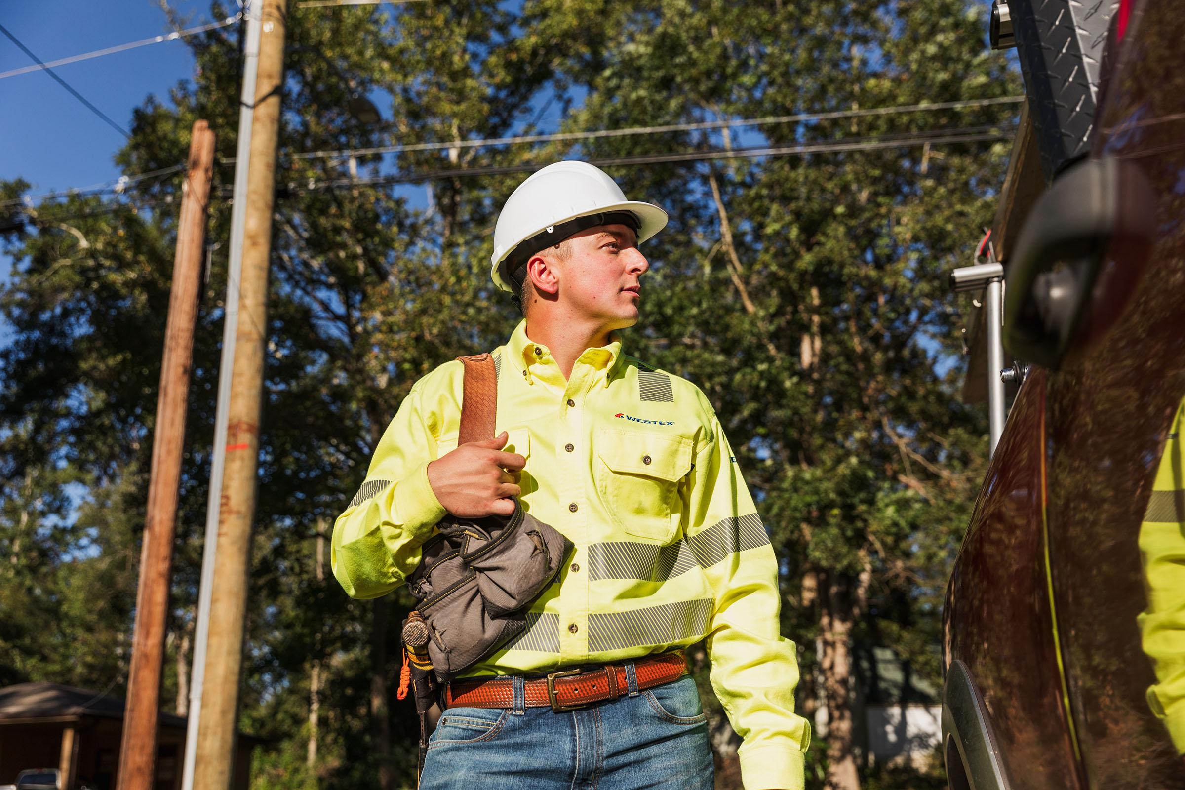 Electrical contractor going to work in a high-vis UltraSoft shirt and Indigo denim.